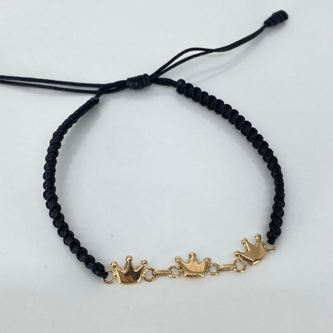 Pulsera tejida Herraje Coronas / Hilo Negro Oro amarillo 18k 0,77 Gr *