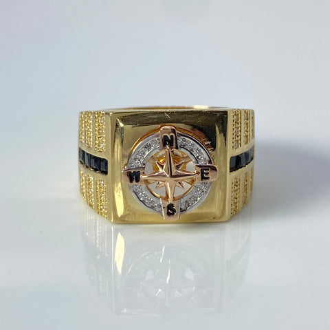 Anillo Brujula Girable Circones Blancos Y Negros Tres oros 18k / Talla 10 / 9,35 Gr †