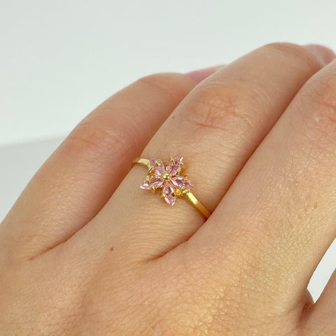 Anillo Flor Circones Rosas Oro amarillo 18k / Talla 6 / 1,15 Gr
