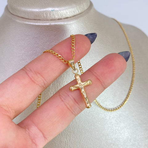 Set Cadena Cubana + Dije Cruz Cristo Oro amarillo 18k 2,78 Gr / 2 mm / 60 Cm †