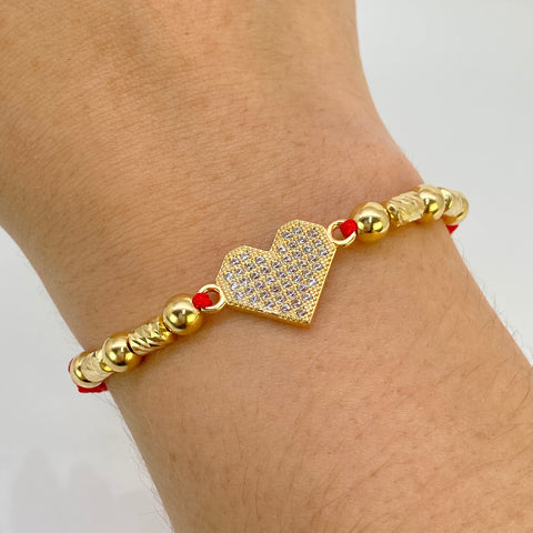 Pulsera tejida Corazón / Cilindros  / 6 Und Bolas Lisas 5mm Hilo Rojo Oro amarillo 18k 3,29 Gr *
