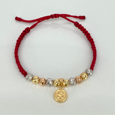 Pulsera tejida Dije Letra S / BD 10uni 5mm / Hilo Rojo Tres oros 18k 1,56 Gr *