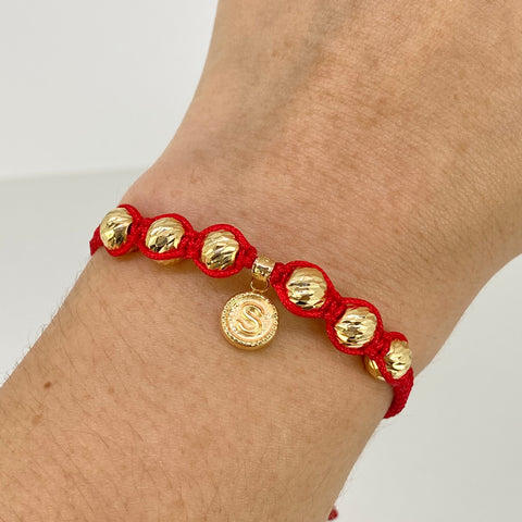 Pulsera tejida Dije Letra S / BD 6uni 7mm / Hilo Rojo Oro amarillo 18k 1,62 Gr *