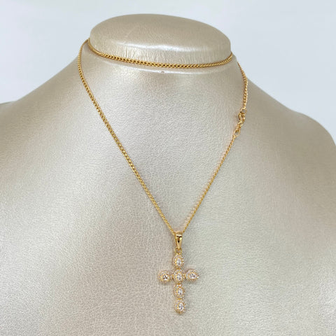 Set Cadena ● Aro Seguido + Dije Cruz Circones Blancos Oro amarillo 18k 3,25 Gr / 2 mm / 50 Cm *
