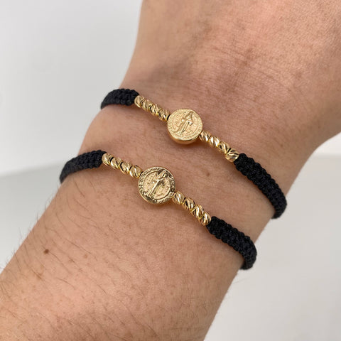 Pulsera tejida Pareja San Benito / BD 8uni 3mm / Hilo Negro Oro amarillo 1,25 Gr *