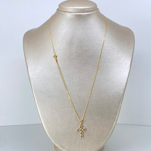Set Cadena ● China + Dije Cruz Circones Blancos Verdes Oro amarillo 18k 3,2 Gr / 1 mm / 50 Cm †