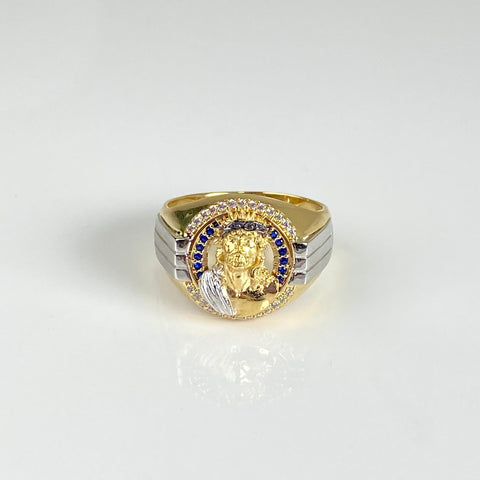 Anillo Rostro Cristo Circones Blancos Y Azules Oro amarillo y Oro blanco 18k / Talla 9 1/2 / 7,67 Gr †