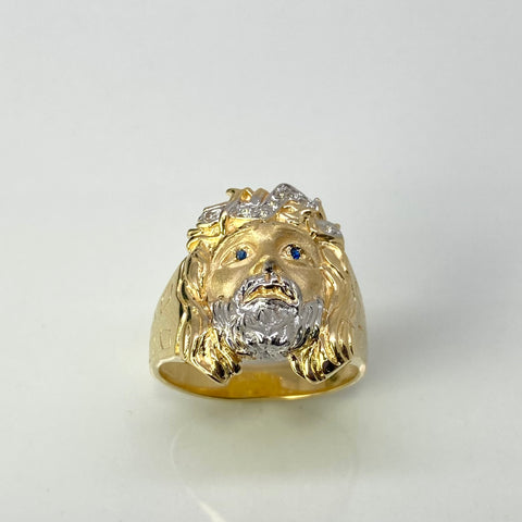 Anillo Cristo Circones Azules Oro amarillo y Oro blanco 18k / Talla 10 1/4 / 9,45 Gr