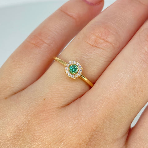 Anillo Solitario Flor Circones Blancos Verde Oro amarillo / Talla 6 1/2 / 1,5 Gr