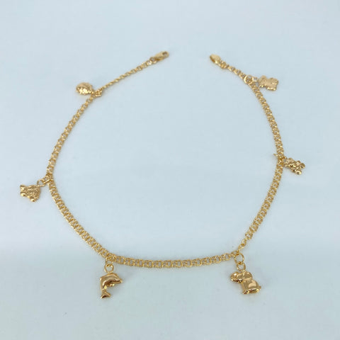 Tobillera Aro Seguido Dijes Mariquita/Tortuga/Delfin/Elefante/Oso Oro amarillo 3,60 Gr / 2,2 mm / 24,8 Cm
