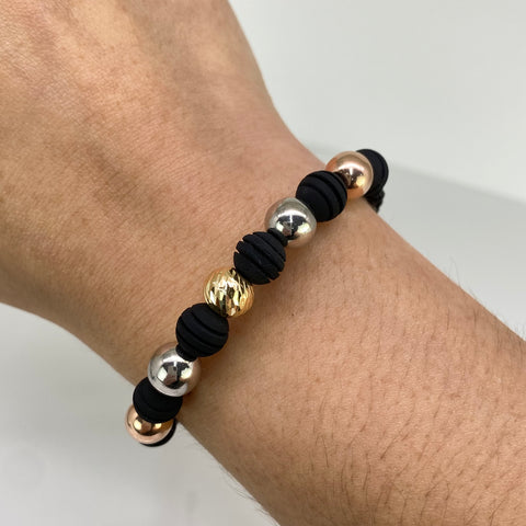 Pulsera tejida Bolas Lisas 8  mm Y Diamantada 8 mm Hilo Negro Tres oros 18k 1,63 Gr *