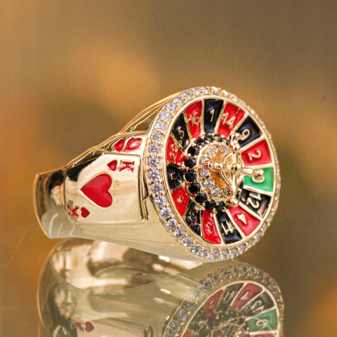 Anillo Ruleta Circones Blancos Negros Oro amarillo 18k / Talla 10 1/2 / 8,2 Gr †