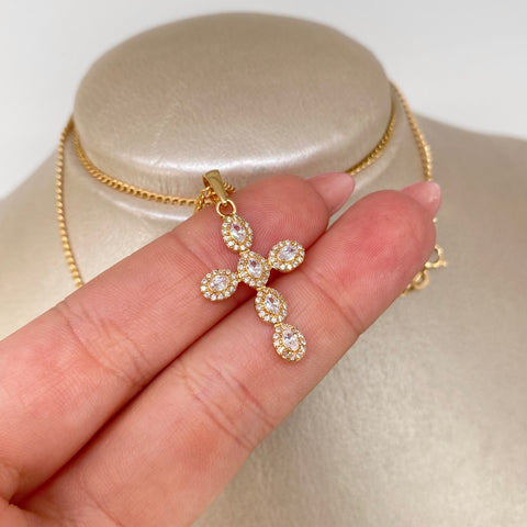 Set Cadena ● Cubana + Dije Cruz Circones Oro amarillo 18k 3,2 Gr / 1,6 mm / 50 Cm *