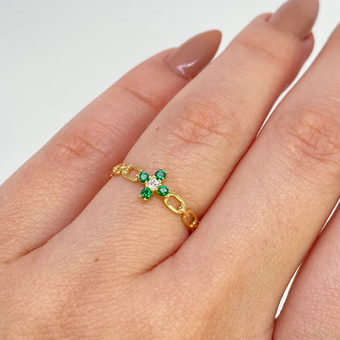 Anillo Cajón Cruz Circones Verdes Y Blancos Oro amarillo 18k / Talla 5 1/4 / 0,90 Gr *