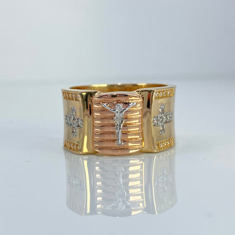 Anillo Cristo Cruces Circones Blancos Tres oros 18k / Talla 10 1/4 / 11,14 Gr