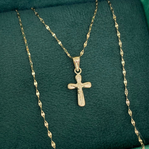 Set Cadena ● Flor Espejo + Dije Cruz Cristo Oro amarillo 18k 1,27 Gr / 1,1 mm / 45 Cm