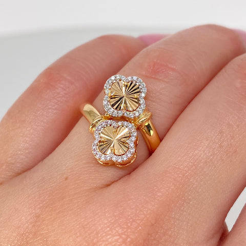 Anillo Tu y Yo Trebol Circones Blancos Oro amarillo / Talla 5 1/2 / 3,25 Gr *