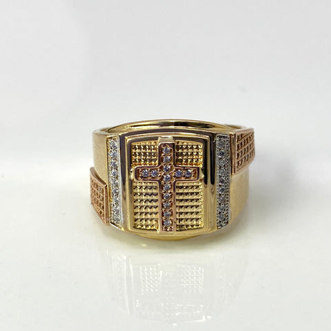 Anillo Cruz Fondo Diamantado Circones Blancos Tres oros 18k / Talla 10 1/4 / 9 Gr