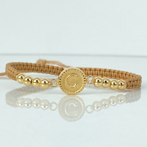 Pulsera tejida Herraje Letra C / BL 8uni 4mm / Hilo Beige Oro amarillo 18k 1,32 Gr *