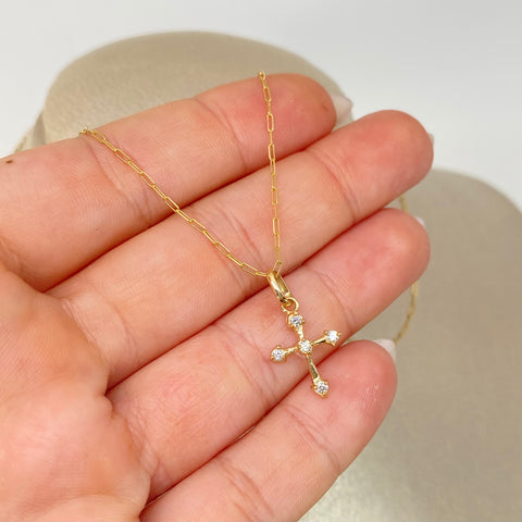 Set Cadena ● Cajon + Dije Cruz Circones Blancos Oro amarillo 18k 1,82 Gr / 1,1 mm / 45 Cm *