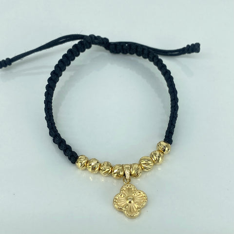 Pulsera tejida Dije Trebol / BD 8uni 5mm / Hilo Negro Oro amarillo 18k 1,4 Gr †