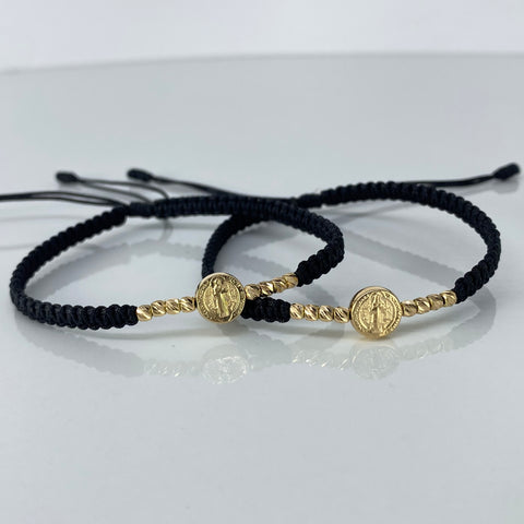 Pulsera tejida Pareja Herraje San Benito / BD 8uni 3mm / Hilo Negro Oro amarillo 1,25 Gr †