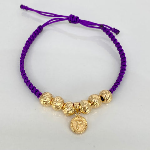 Pulsera tejida Dije Letra P / BD 6uni 7mm / Hilo Morado Oro amarillo 18k 1,65 Gr *