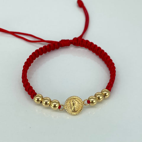 Pulsera tejida Herraje Virgen Guadalupe / BL 6uni 5mm / Hilo Rojo Oro amarillo 18k 1,09 Gr *