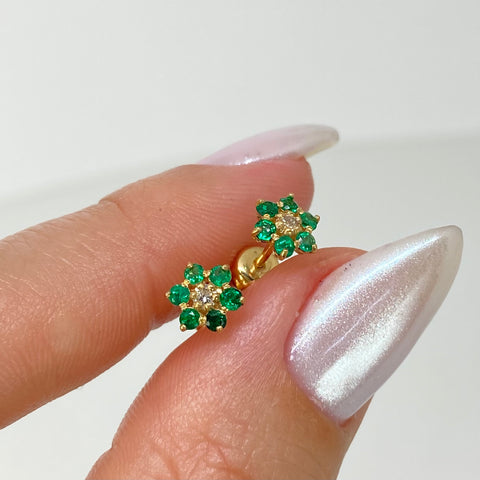Topos Flor 30PTS Esmeraldas / 7PTS Diamante Oro amarillo 18k 1 Gr / 6 mm *