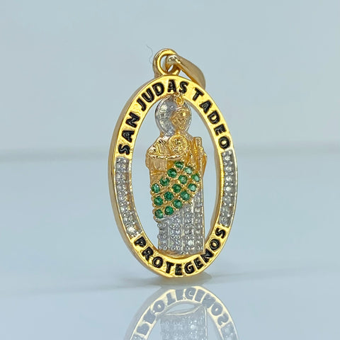 Dije San Judas Tadeo Circones Blancos Verdes Oro amarillo y Oro blanco 18k 3,51 Gr / 3,2 Cm †