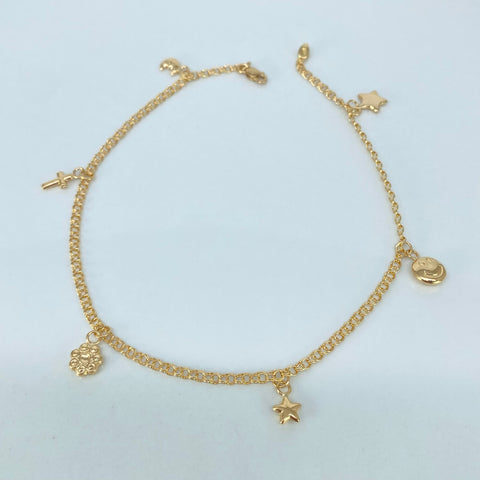 Tobillera Aro Seguido Dijes Luna/Cruz/Flor/Estrella/Carita/Estrella Oro amarillo 3,45 Gr / 2,2 mm / 25,1 Cm