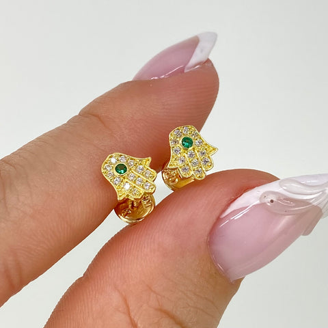 Topos Mano Hamsa Circones Blancos Verdes Oro amarillo 18k 1,15 Gr / 7,4 mm  †