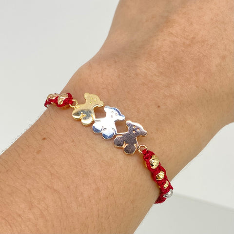 Pulsera tejida Herraje Osos TS / BD 8uni 5/4mm / Hilo Rojo Tres oros 18k 2,49 Gr *