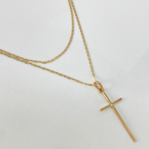 Set Cadena ● Escalera Plana Diamantada + Dije Cruz Circon Blanco Oro amarillo 18k 2,1 Gr / 1,2 mm / 45 Cm *