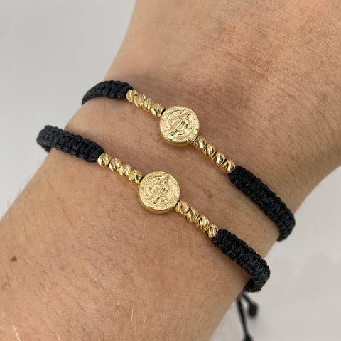 Pulsera tejida Pareja Herraje San Benito / BD 8uni 3mm / Hilo Negro Oro amarillo 1,25 Gr †