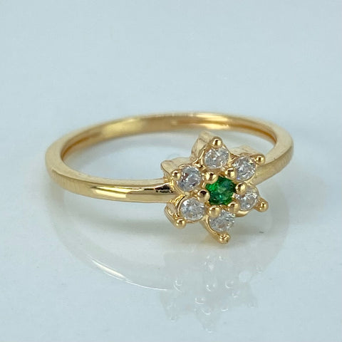 Anillo Flor Circones Blancos Verde Oro amarillo / Talla 5 1/4 / 1,85 Gr †