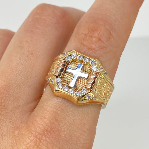 Anillo Cruz Central Con Circones Blancos Tres oros 18k / Talla 9 / 6,57 Gr †