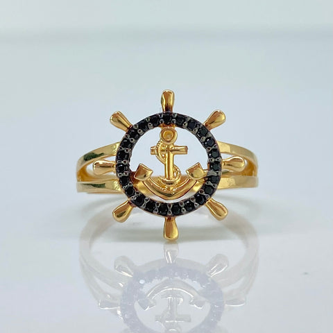 Anillo Ancla Timón Circones Negros Oro amarillo 18k / Talla 6 1/4 / 2,72 Gr