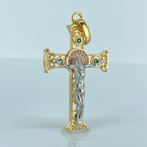 Dije Cruz Cristo Circones Blancos Verdes Tres oros 18k 6,63 Gr / 4,7 Cm  *