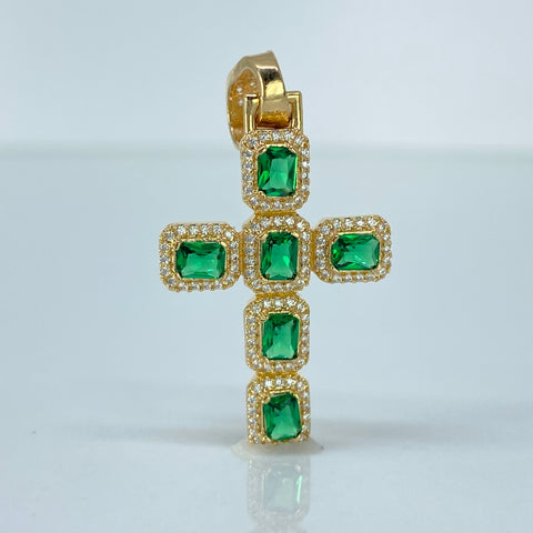 Dije Cruz Circones Verdes Blancos Oro amarillo 3,7 Gr / 3,9 Cm *