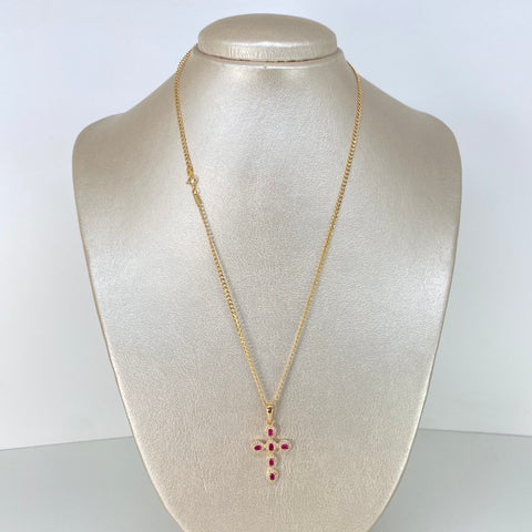 Set Cadena ● Cubana + Dije Cruz Circones Blancos Fucsias Oro amarillo 18k 3,65 Gr / 2 mm / 45 Cm †