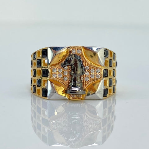 Anillo Ajedrez Ficha Caballo Circones Blancos Oro amarillo y Oro rosa 18k / Talla 10 / 6,50 Gr *