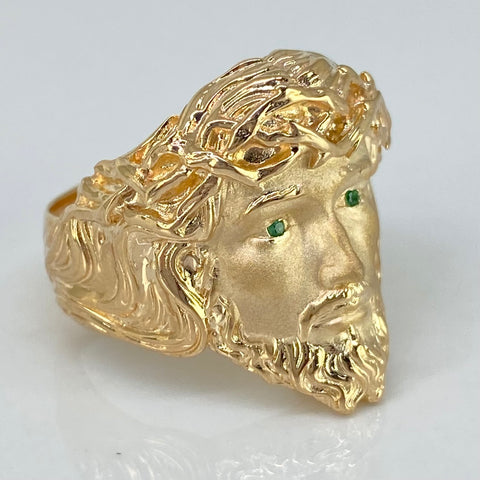 Anillo Rostro Cristo Circones Verdes Oro amarillo 18k / Talla 10 / 8,85 Gr *