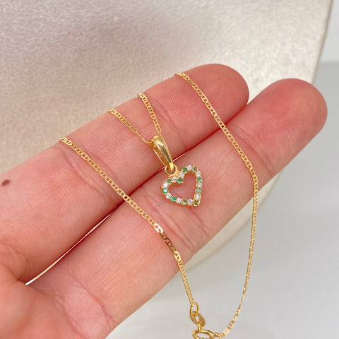 Set Cadena ● Escalera Plana + Dije Corazon Esmeraldas Oro amarillo 18k 1,75 Gr / 1 mm / 40 Cm †
