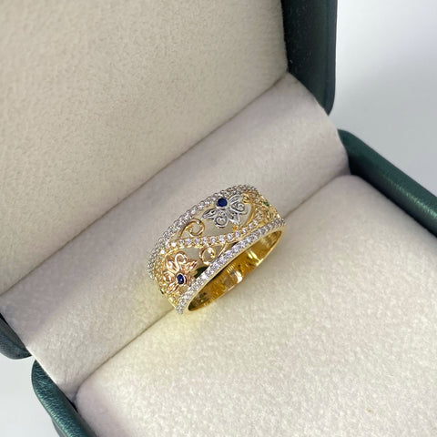 Anillo Flores Circones Verdes Azul Y Blancos Tres oros 18k / Talla 8 3/4 / 5,13 Gr