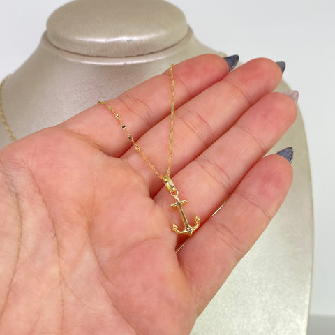 Set Cadena ● Flor Espejo + Dije Ancla Oro amarillo 18k 1,38 Gr / 1,1 mm / 50 Cm *