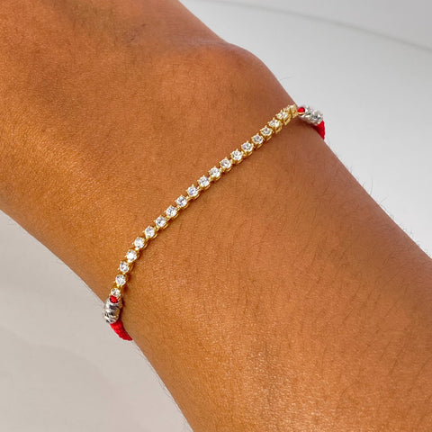Pulsera tejida Herraje Circones Blancos / BD 6uni 4mm / Hilo Rojo Oro amarillo y Oro rosa 1,73 Gr