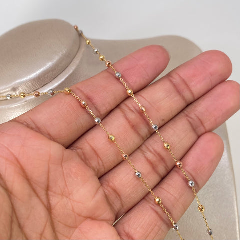 Rosario ● Virgen Milagrosa Bolas Diamantadas Discoteca Tres oros 18k +3 / 7,6 Gr / 3 mm / 60 Cm *