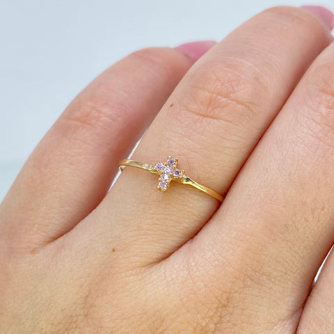 Anillo Cruz Circones Rosas Oro amarillo 18k / Talla 8 / 0,68 Gr