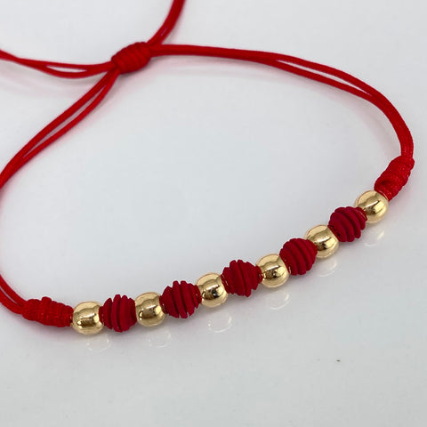 Parejas Pulsera tejida Bolas Lisas 4mm 6uni / Hilo Rojo Neoprenos Oro amarillo 18k 1,18 Gr *